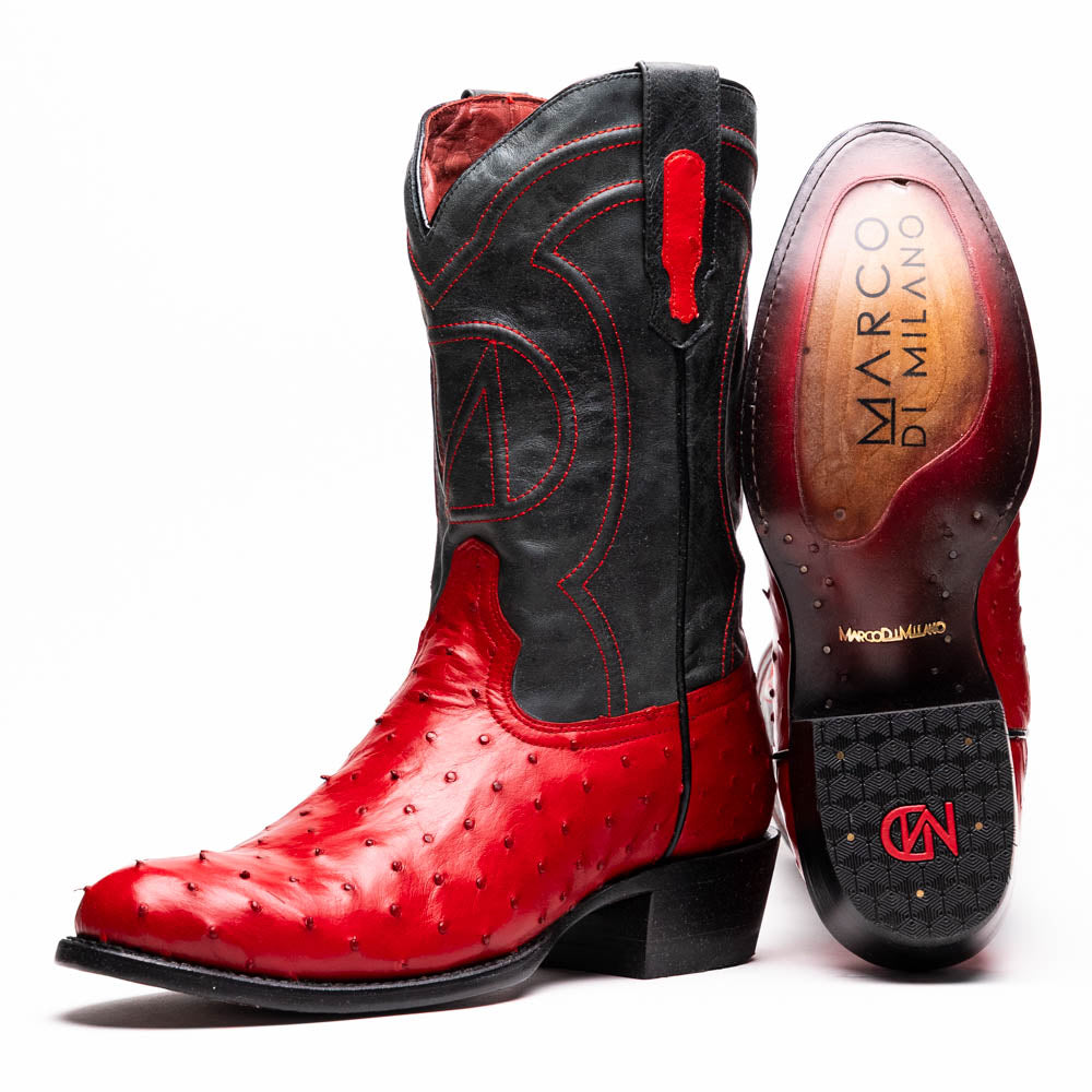 Marco Di Milano Savannah Ostrich Quill Round Toe Cowboy Boot Red