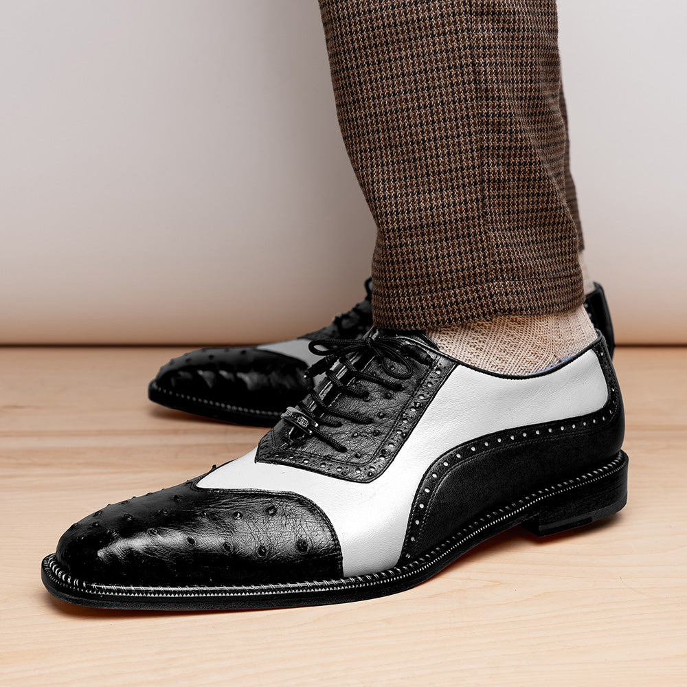 Belvedere Genuine Ostrich Quill / Italian Leather Shoes Black / White