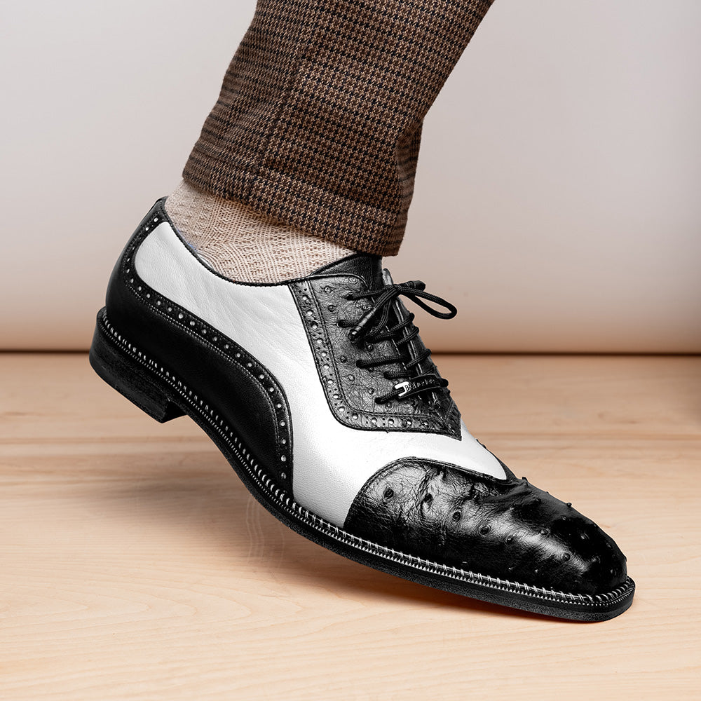 Belvedere Sesto Genuine Ostrich Quill / Italian Leather Shoes Black / White (R54)