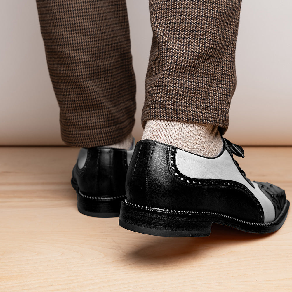 Belvedere Sesto Genuine Ostrich Quill / Italian Leather Shoes Black / White (R54)