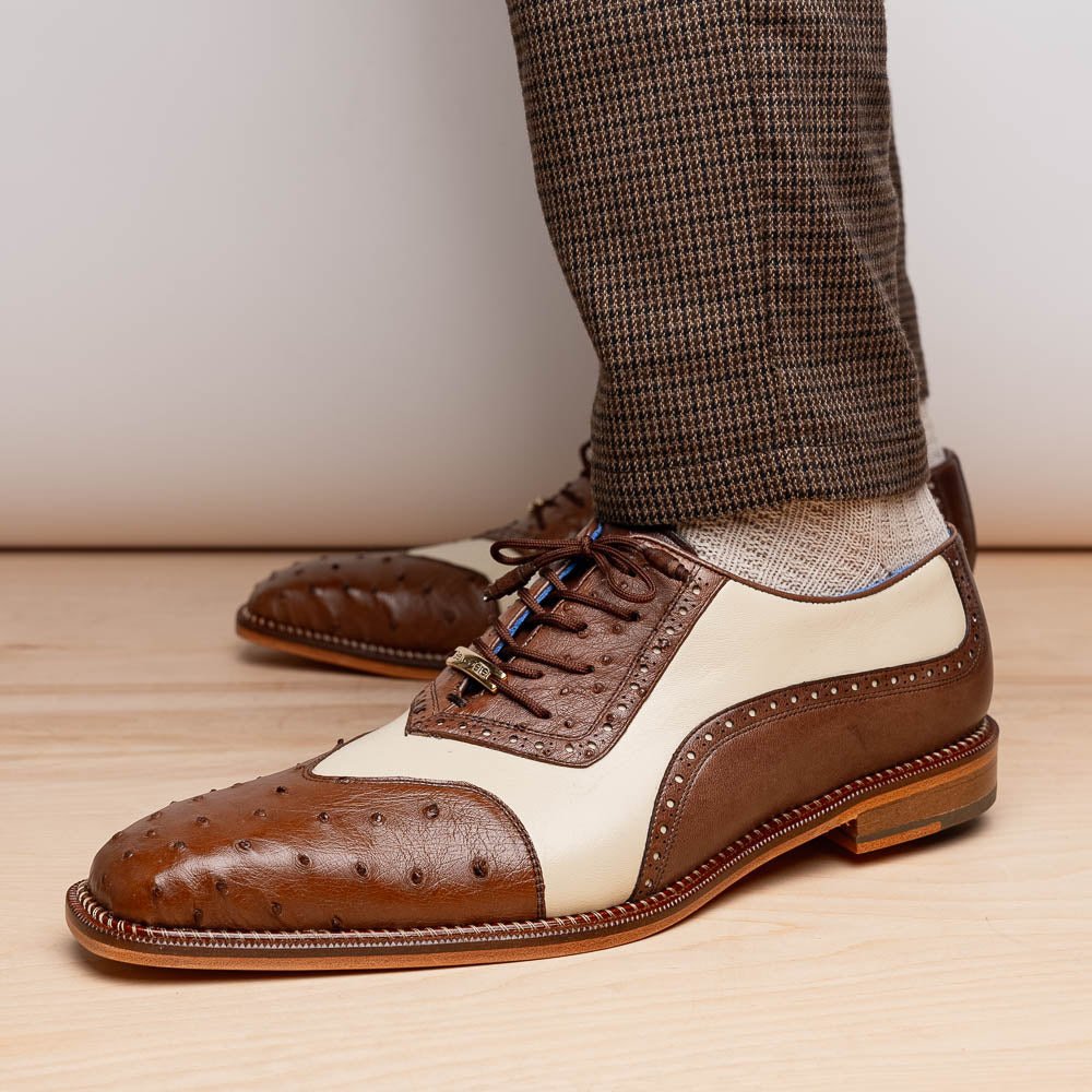 Belvedere Sesto Genuine Ostrich Quill / Italian Leather Shoes Brown / Cream (R54)