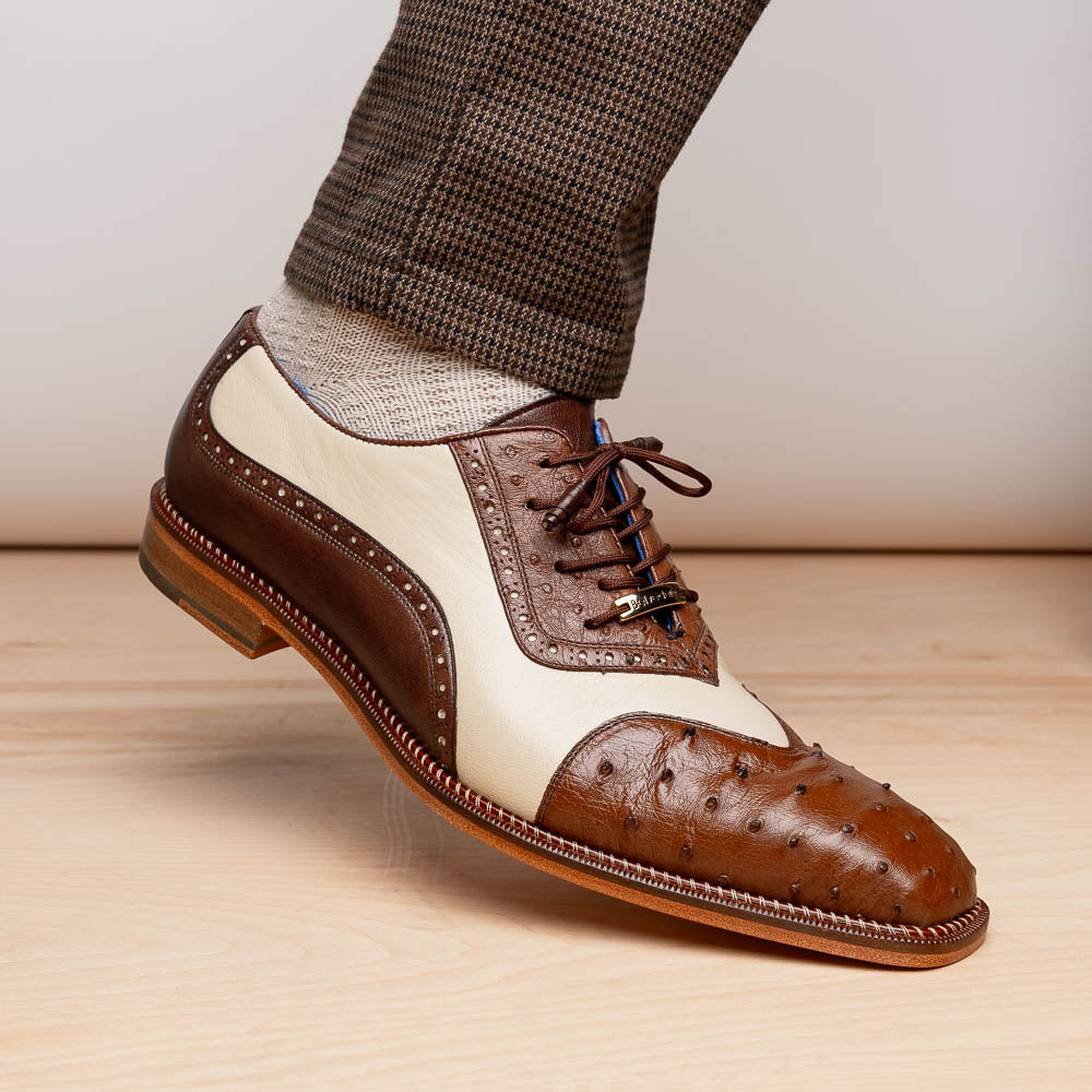 Belvedere Sesto Genuine Ostrich Quill / Italian Leather Shoes Brown / Cream (R54)
