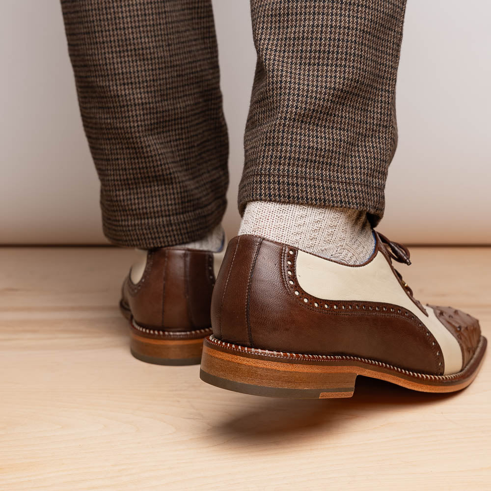 Belvedere Sesto Genuine Ostrich Quill / Italian Leather Shoes Brown / Cream (R54)