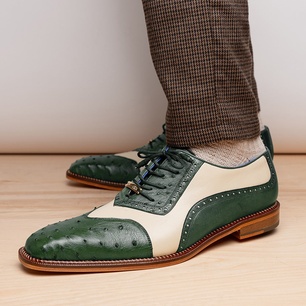 Belvedere Sesto Genuine Ostrich Quill / Italian Leather Shoes Forest / Cream (R54)