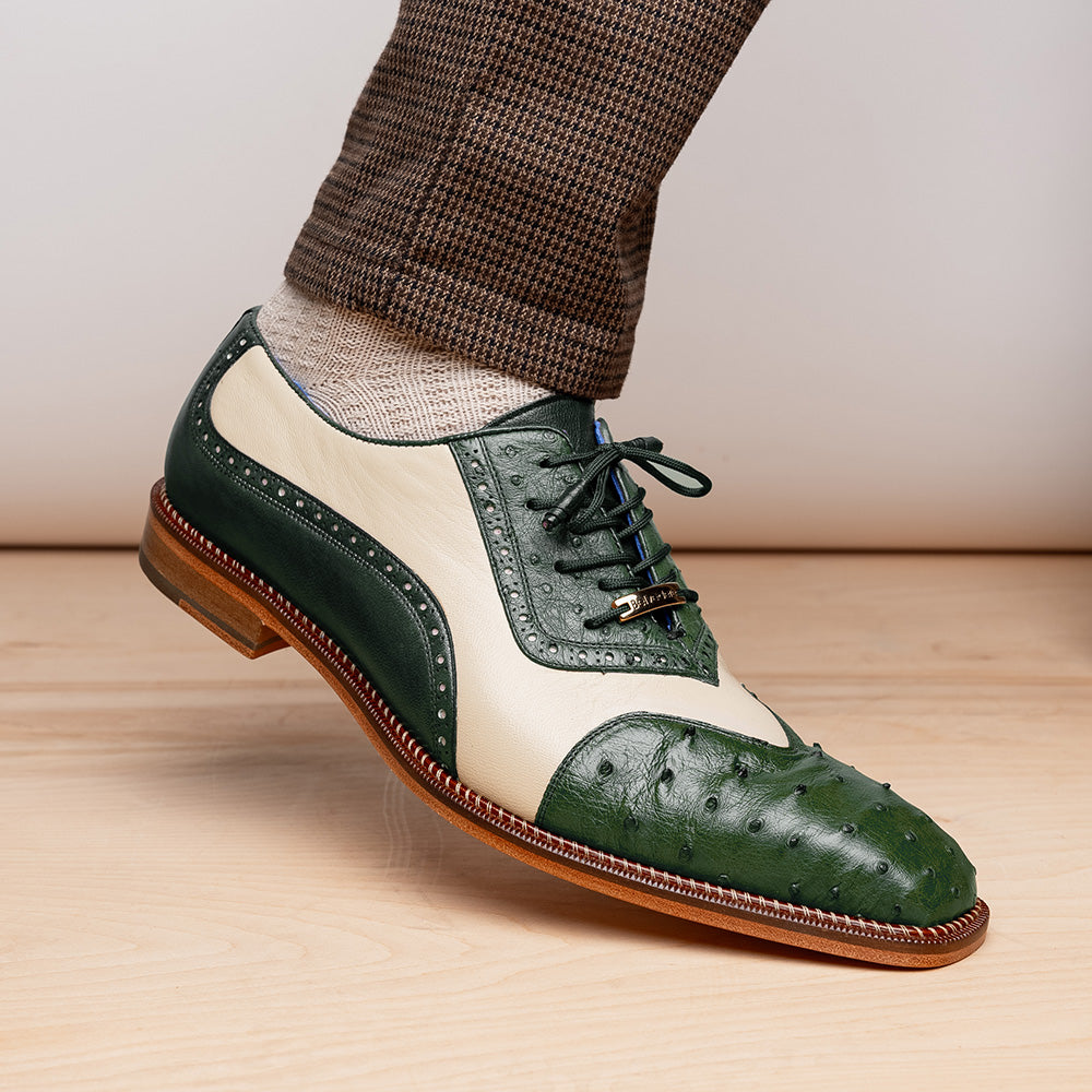 Belvedere Sesto Genuine Ostrich Quill / Italian Leather Shoes Forest / Cream (R54)