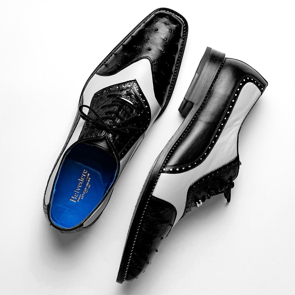 Belvedere Sesto Genuine Ostrich Quill / Italian Leather Shoes Black / White (R54)