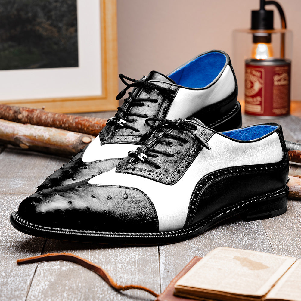 Belvedere Sesto Genuine Ostrich Quill / Italian Leather Shoes Black / White (R54)