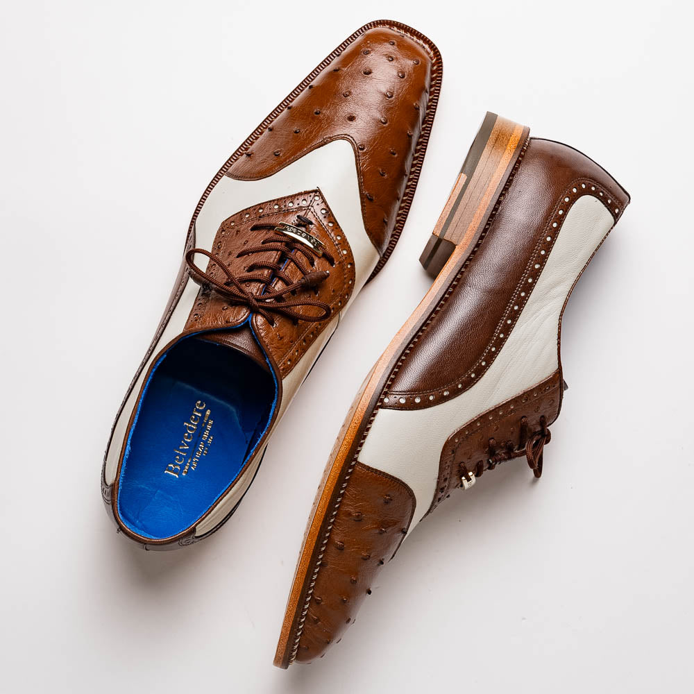 Belvedere Sesto Genuine Ostrich Quill / Italian Leather Shoes Brown / Cream (R54)