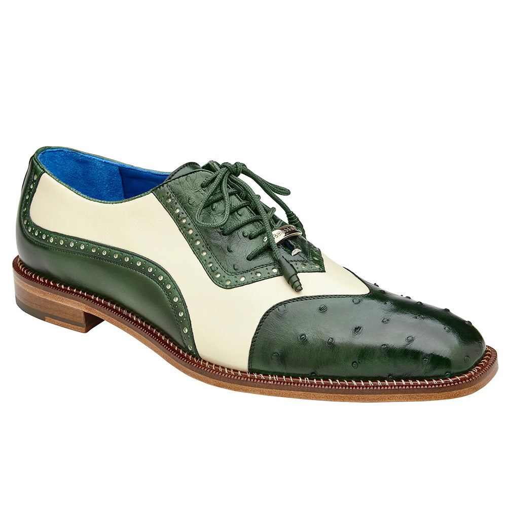 Belvedere Sesto Genuine Ostrich Quill / Italian Leather Shoes Forest / Cream (R54)