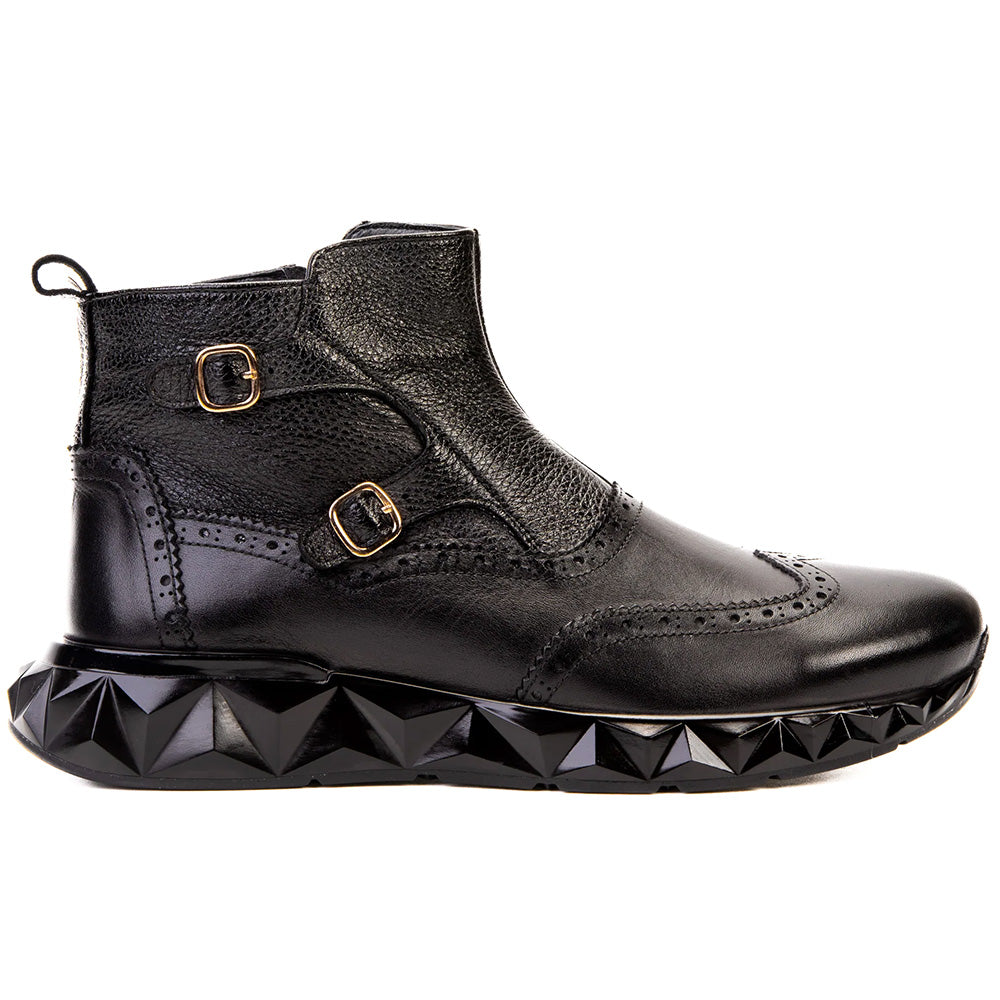 Vinci Leather The Stealth Wingtip Buckle Leather Mens Boot Black