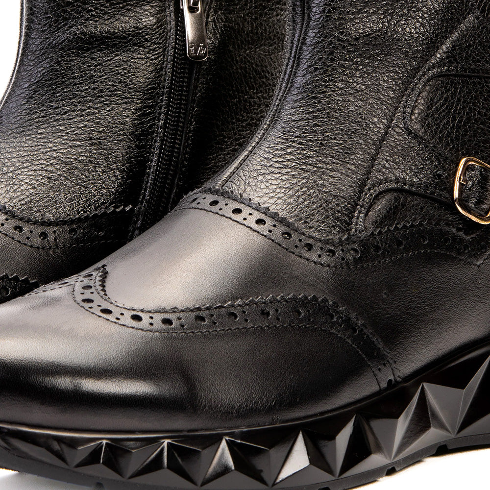 Vinci Leather The Stealth Wingtip Buckle Leather Mens Boot Black