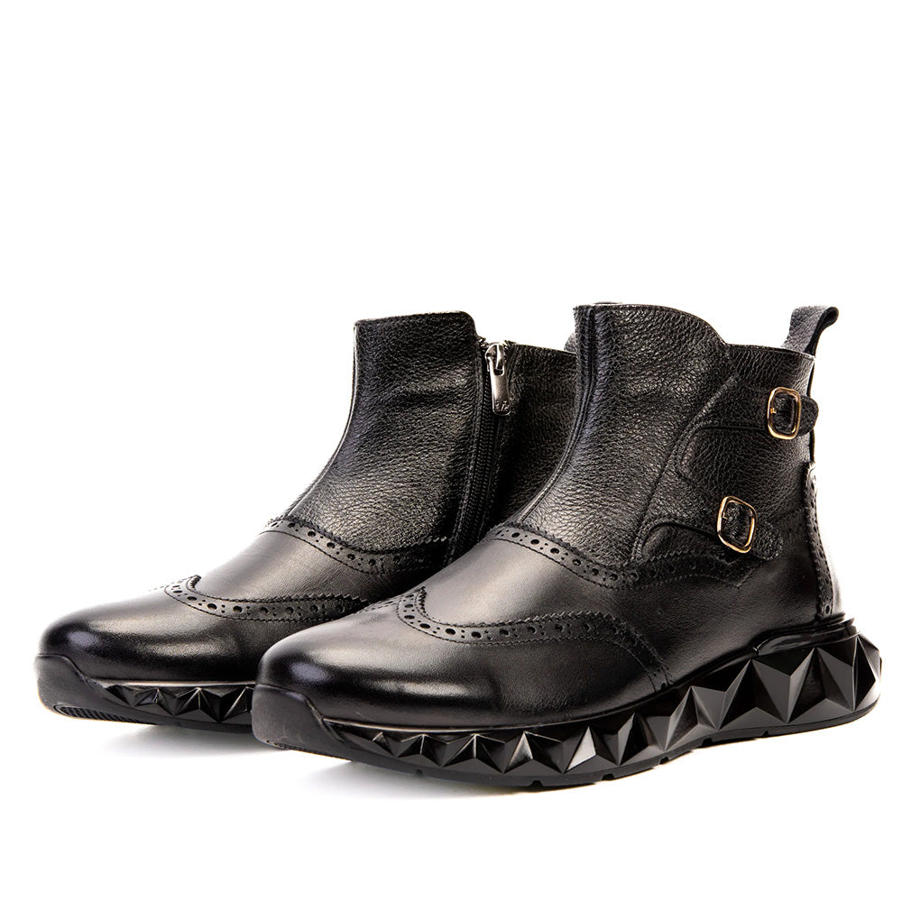 Vinci Leather The Stealth Wingtip Buckle Leather Mens Boot Black