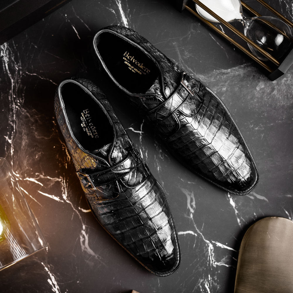 Belvedere Spencer Caiman Crocodile Shoes Black