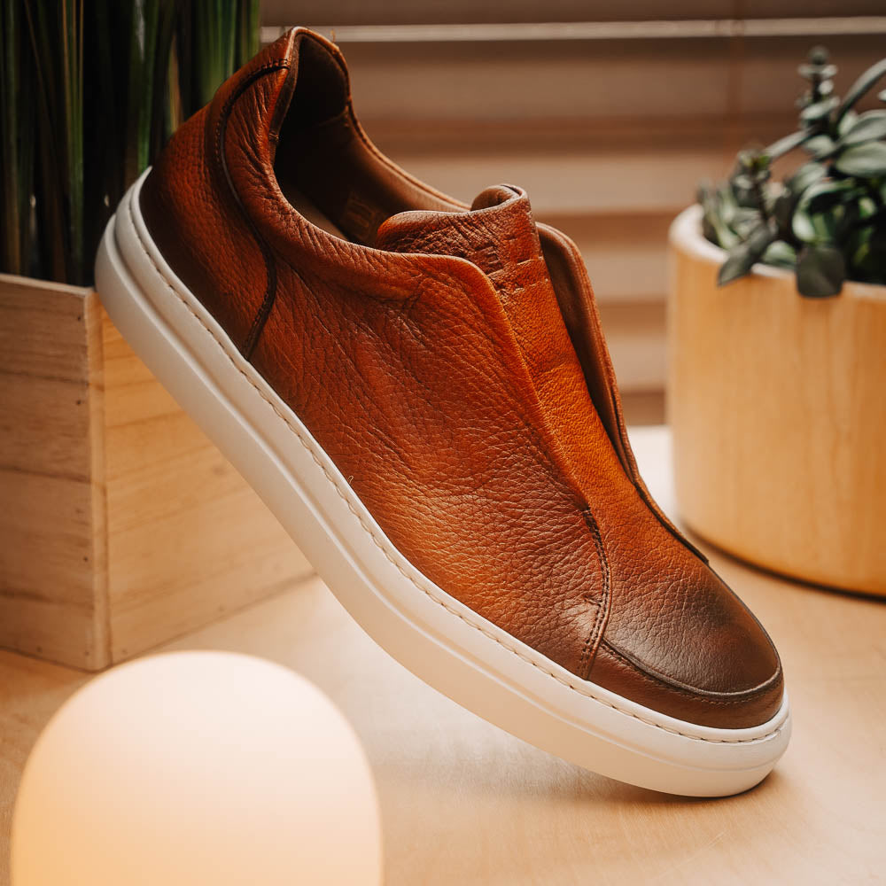 Zelli Spettacolare Pebble Grain Slip On Sneakers Cognac