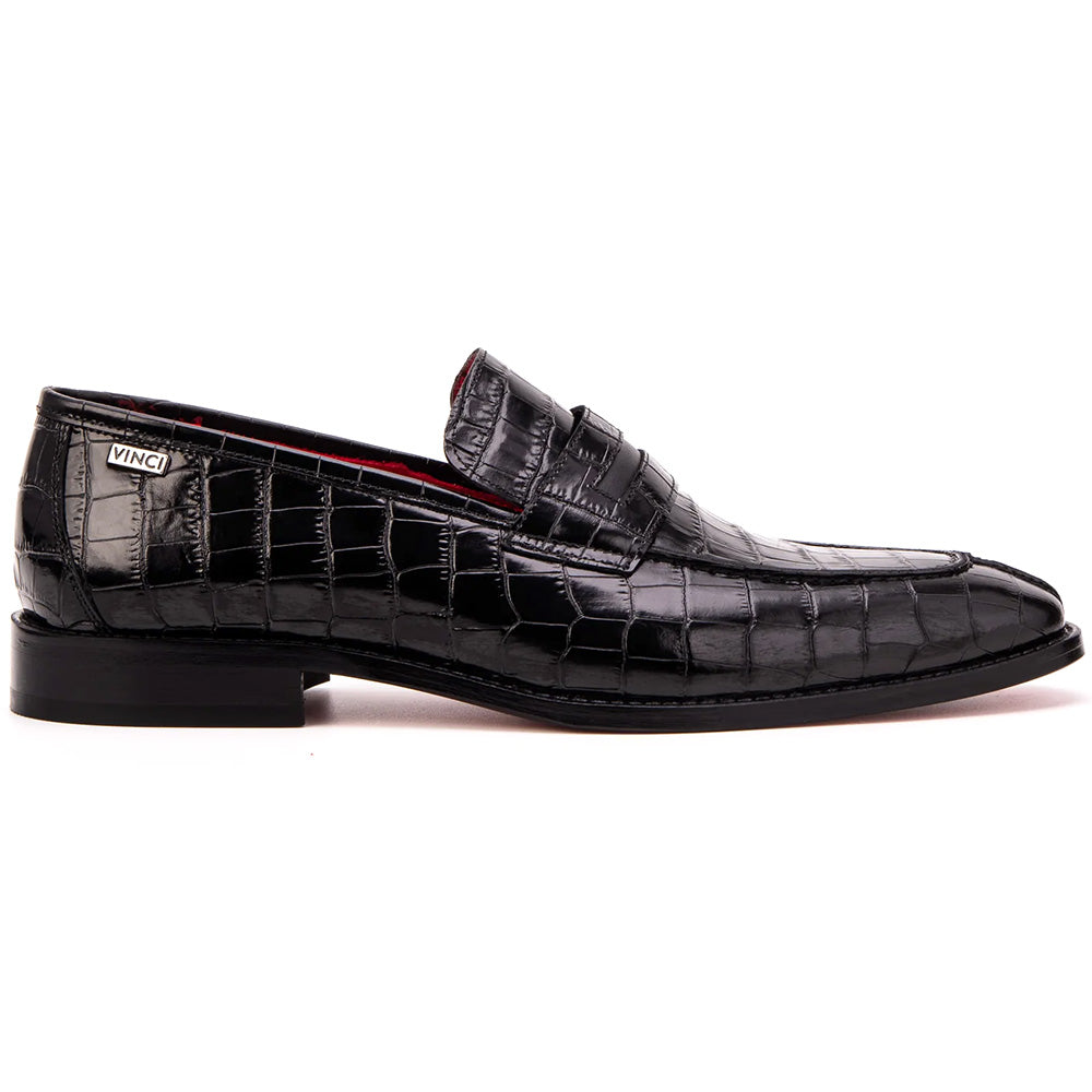 Vinci Leather The Stradale Crocodile Embossed Penny Loafer Black