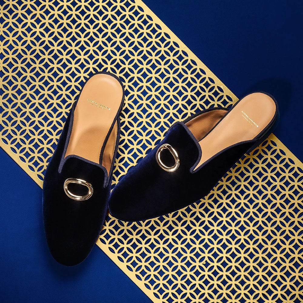 Superglamourous Olympia Velour Mules Navy