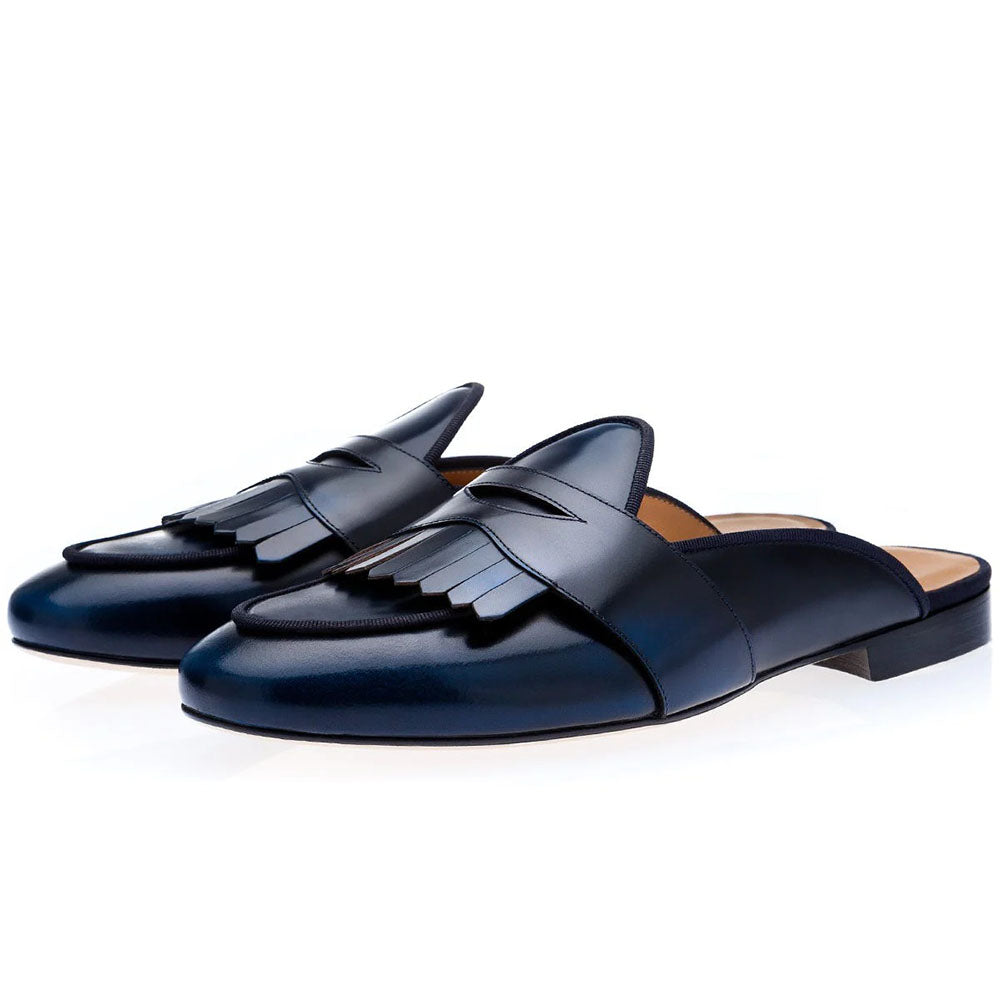 Superglamorous Tangerine 10 Cordovan Mules Navy