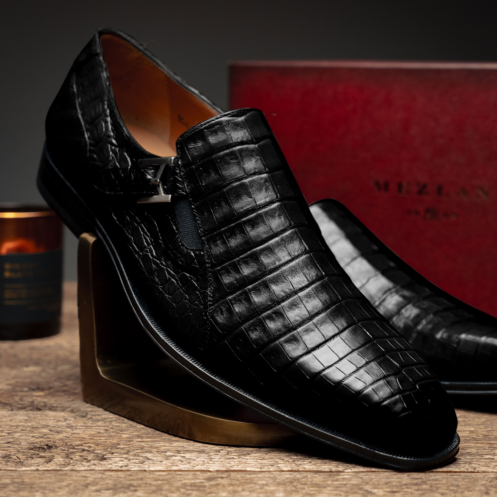 Mezlan Crocodile Gore Monk Strap SX102 Black (SX102)