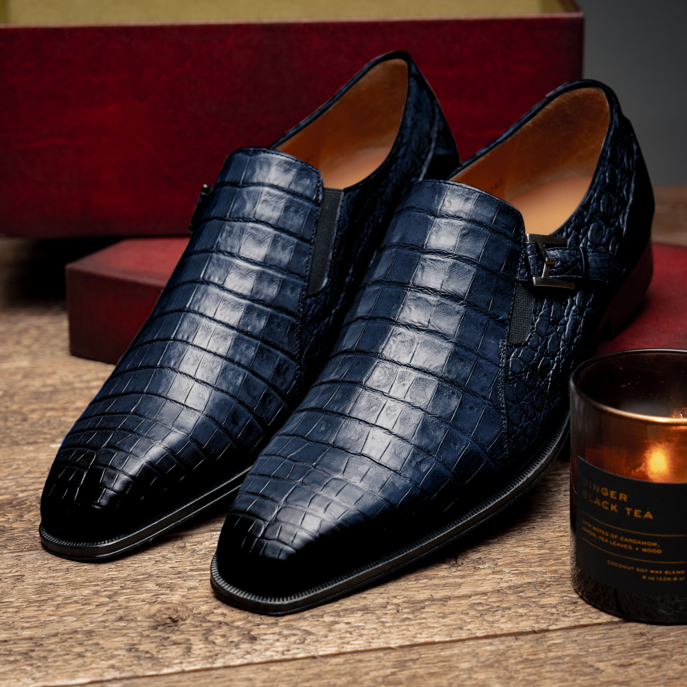 Mezlan Crocodile Gore Monk Strap SX102 Blue (SX102)