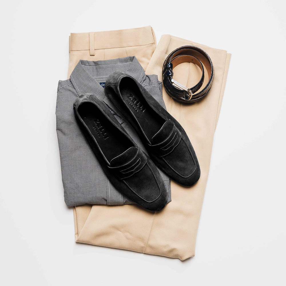Zelli Tasca Suede Penny Loafers Black (16-100-BLK)