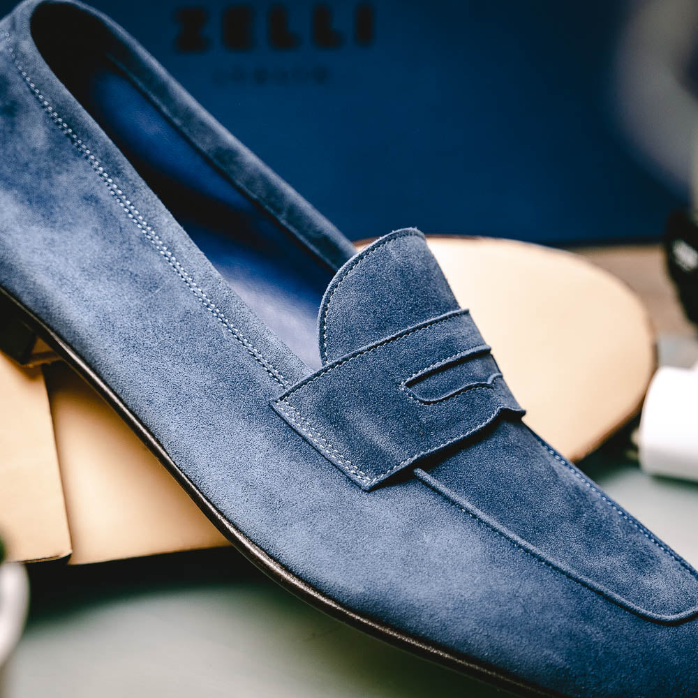 Zelli Tasca Suede Penny Loafers Blue (16-100-BLU)