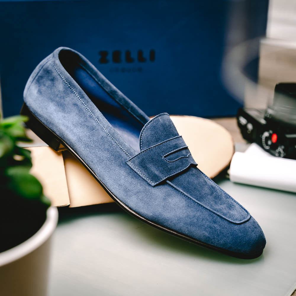 Zelli Tasca Suede Penny Loafers Blue | MensDesignerShoe.com