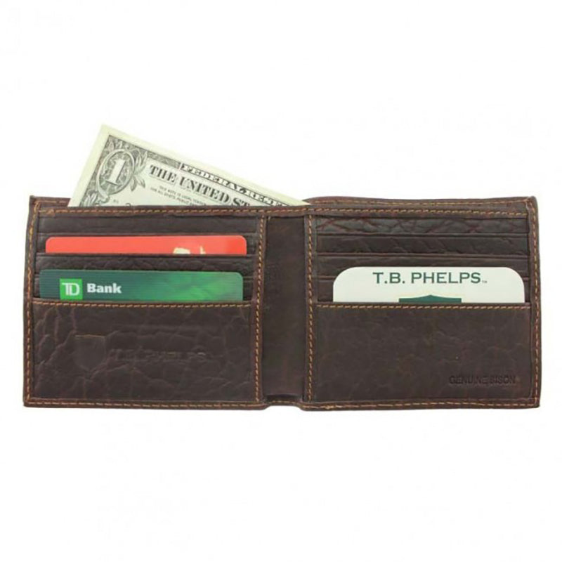 TB Phelps Bozeman Bison Leather Billfold Wallet Brown Tumbled