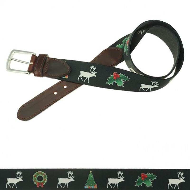 TB Phelps Holiday Pattern Hampton Leather Tab Web Belt Christmas Sweater Black