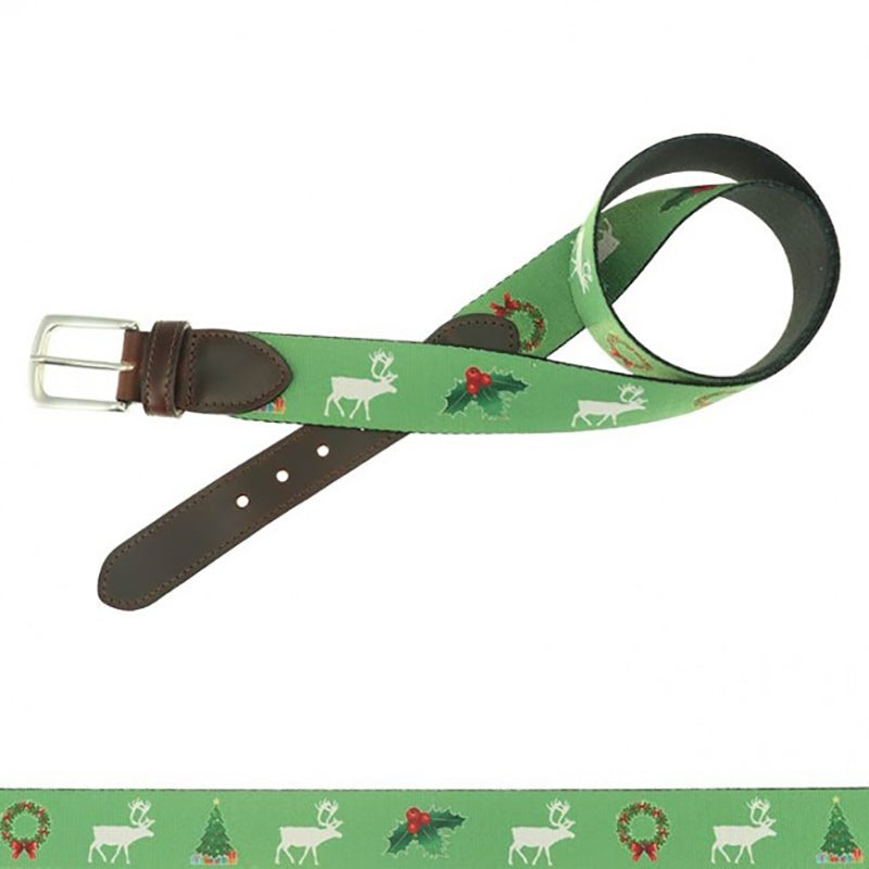 TB Phelps Holiday Pattern Hampton Leather Tab Web Belt Christmas Sweater Green