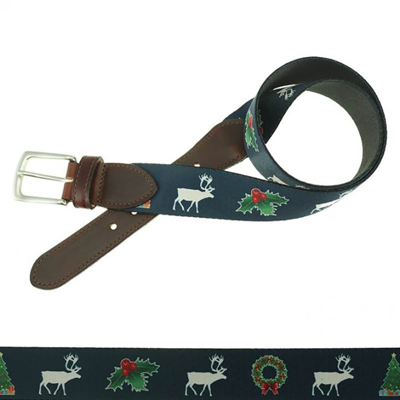TB Phelps Holiday Pattern Hampton Leather Tab Web Belt Christmas Sweater Navy