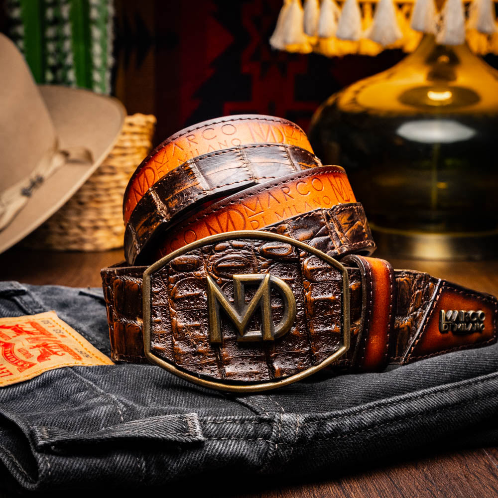 Marco Di Milano Texas Caiman Crocodile & Calfskin Belt Aged Brown