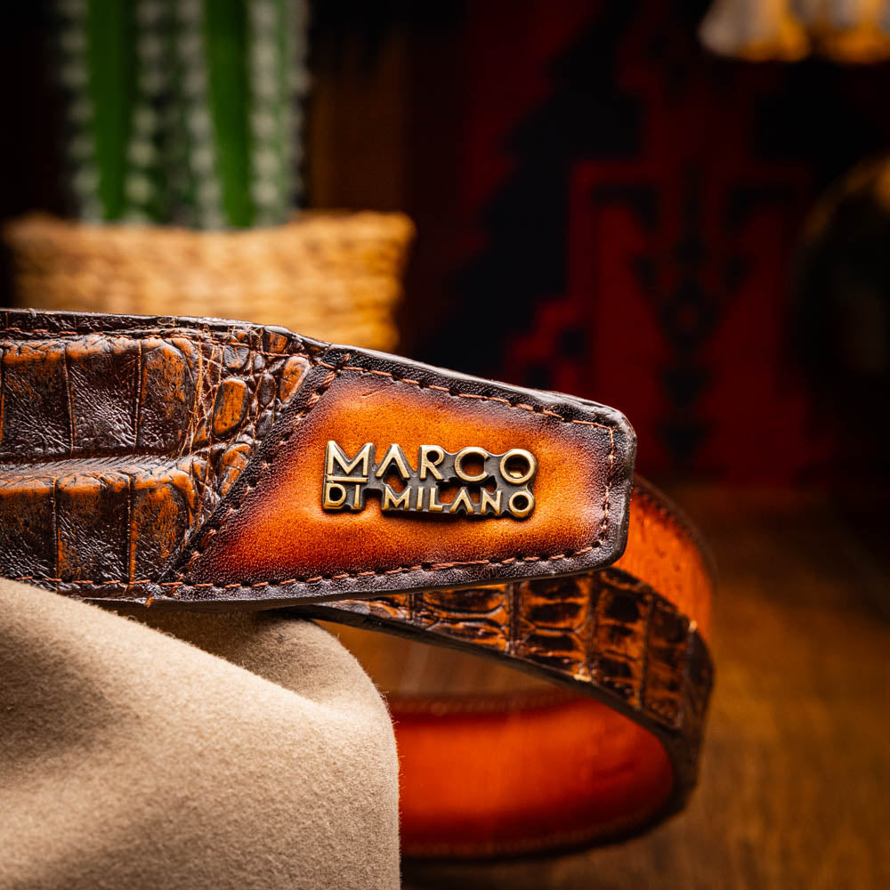 Marco Di Milano Texas Caiman Crocodile & Calfskin Belt Aged Brown
