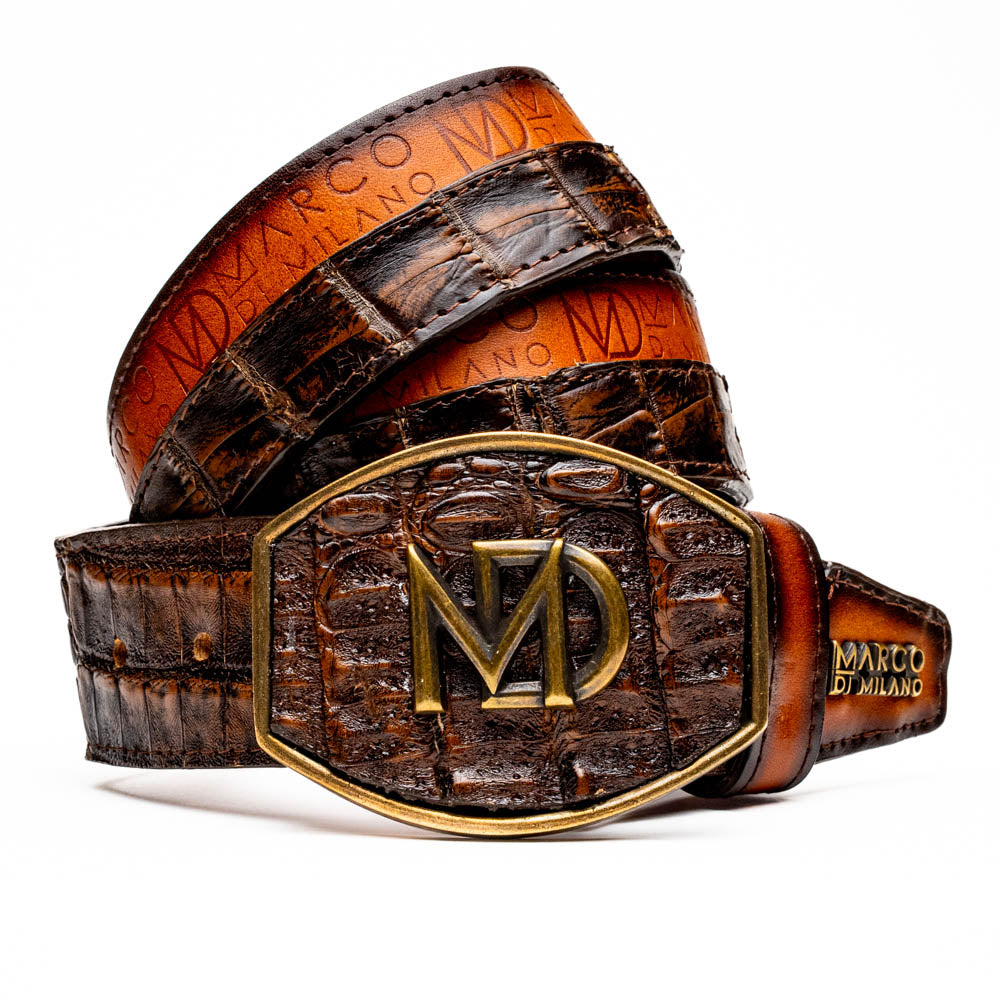 Marco Di Milano Texas Caiman Crocodile & Calfskin Belt Aged Brown