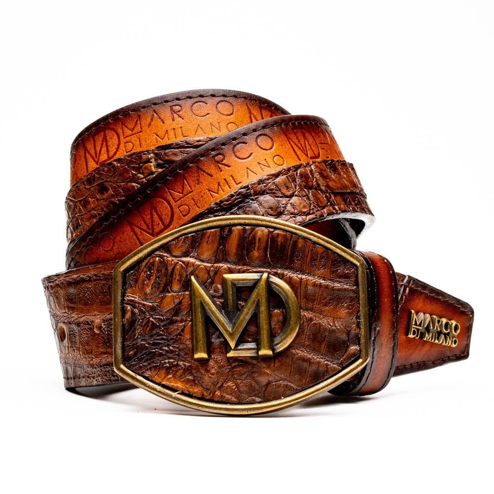 Marco Di Milano Texas Caiman Crocodile & Calfskin Belt Aged Maple