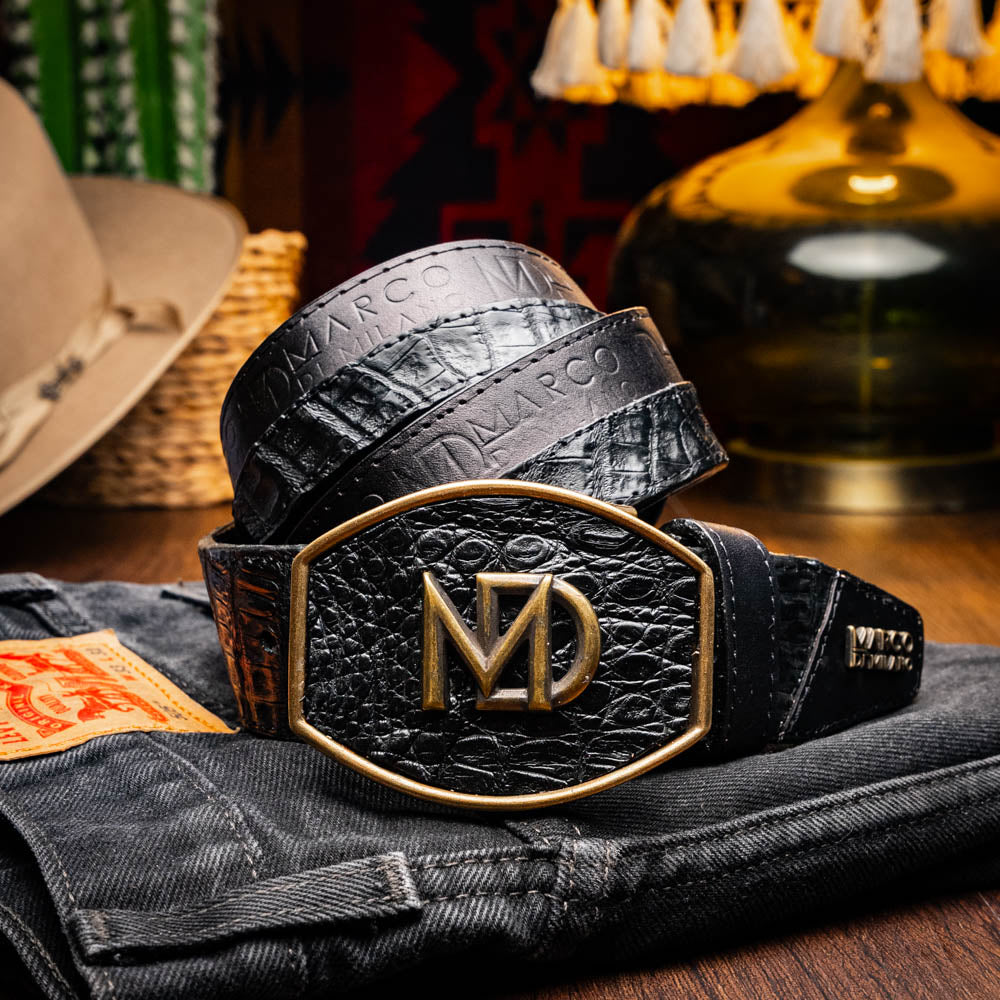 Marco Di Milano Texas Caiman Crocodile & Calfskin Belt Black