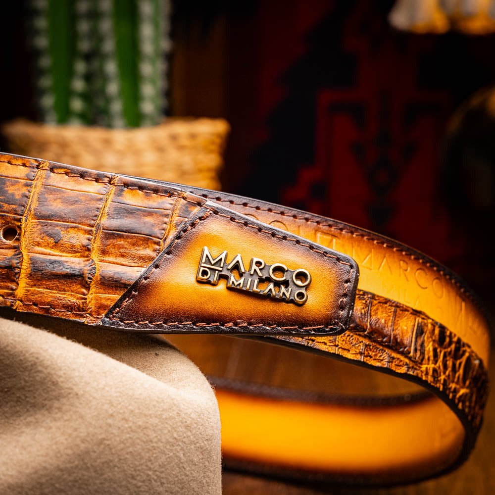 Marco Di Milano Texas Caiman Crocodile & Calfskin Belt Mustard / Brown