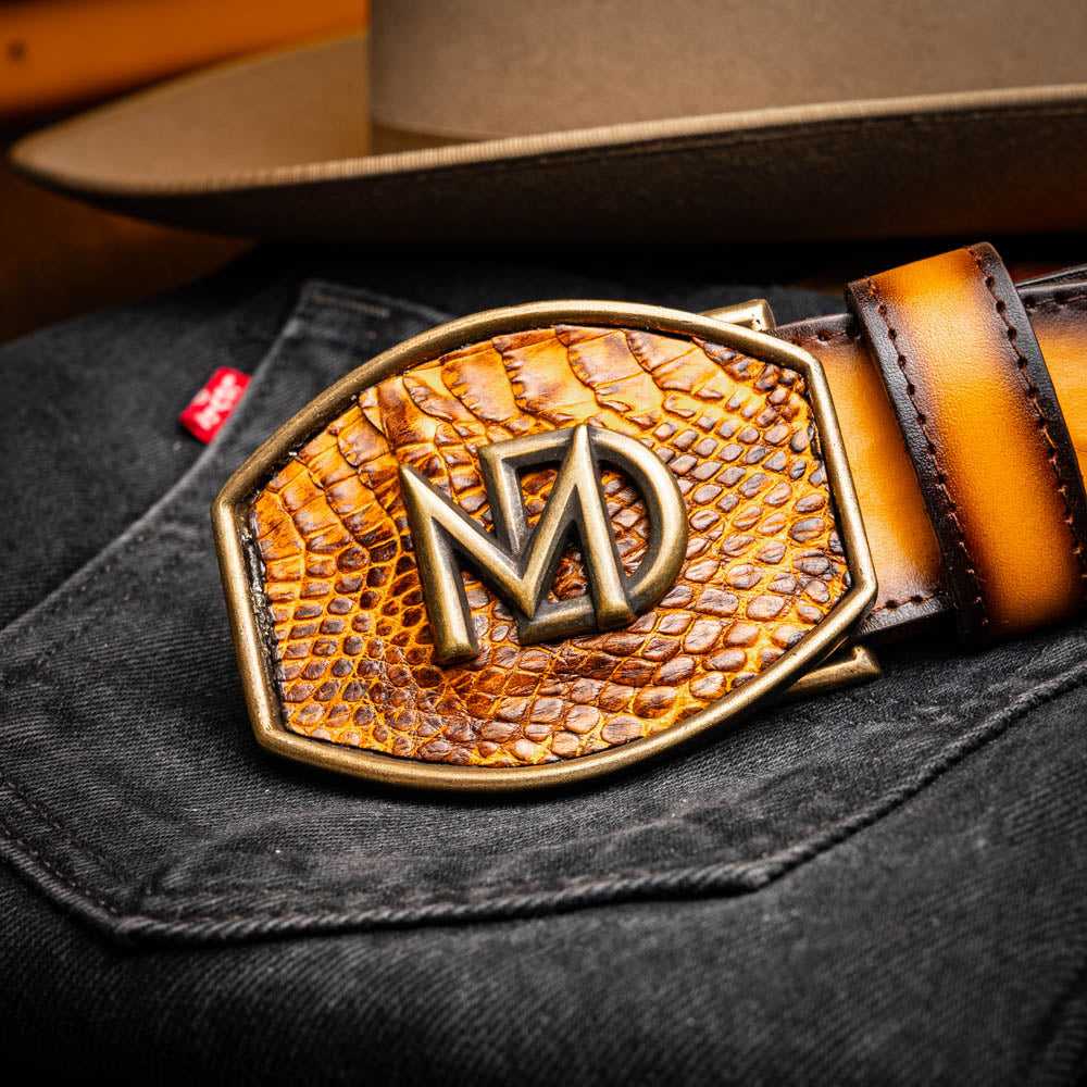 Marco Di Milano Texas Caiman Crocodile & Calfskin Belt Mustard / Brown