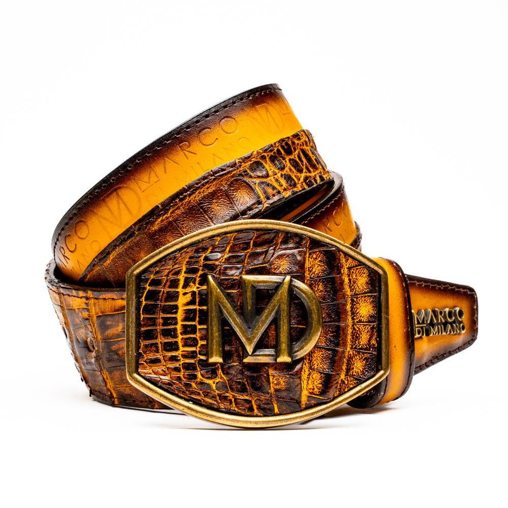 Marco Di Milano Texas Caiman Crocodile & Calfskin Belt Mustard / Brown