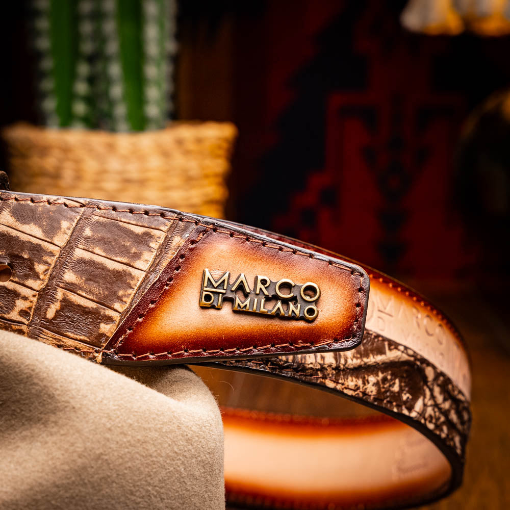 Marco Di Milano Texas Caiman Crocodile & Calfskin Belt Stone Brown