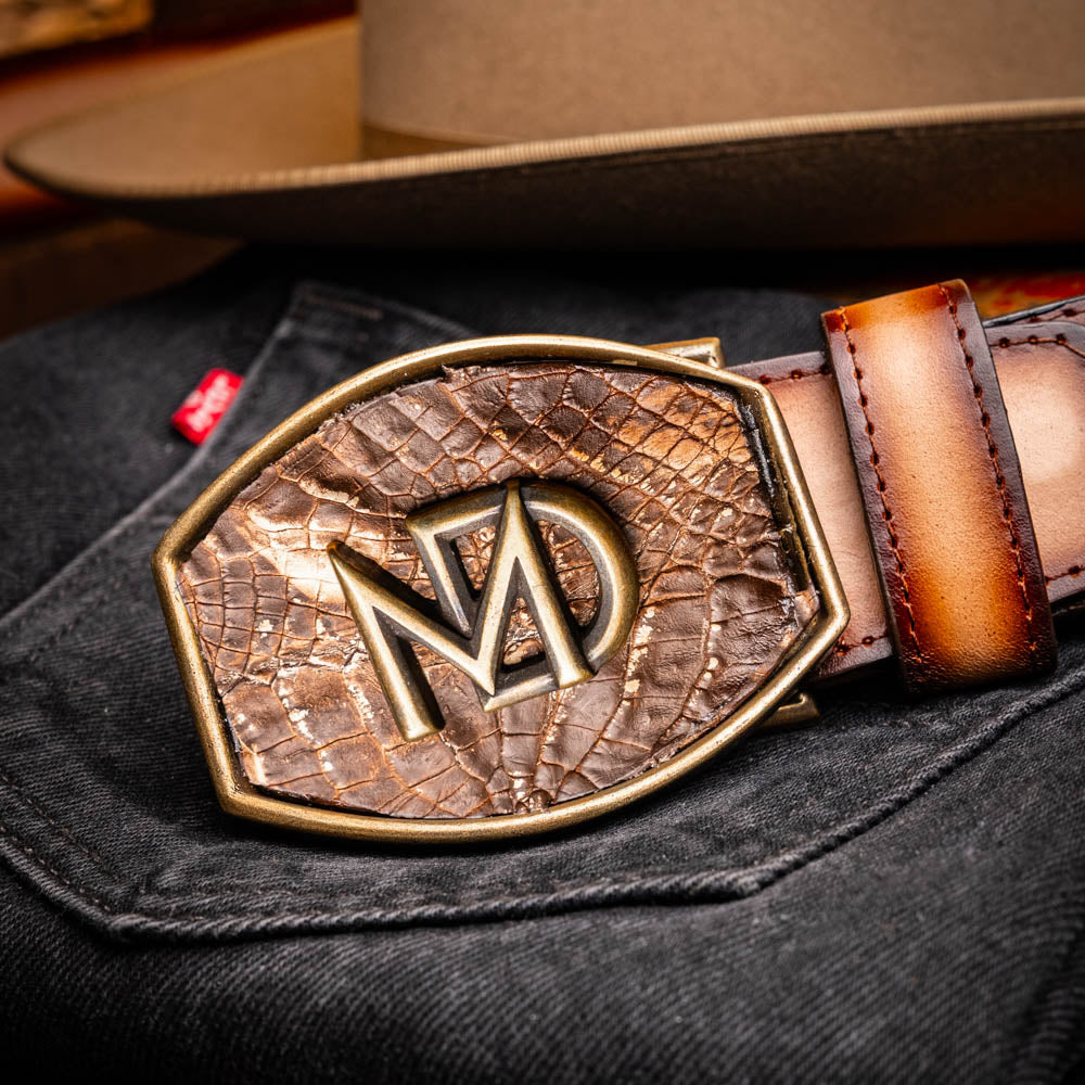 Marco Di Milano Texas Caiman Crocodile & Calfskin Belt Stone Brown