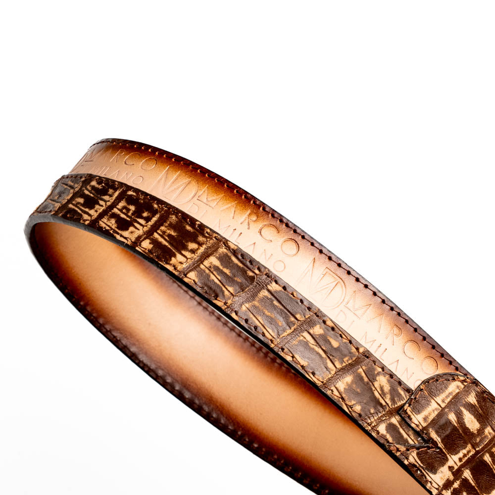 Marco Di Milano Texas Caiman Crocodile & Calfskin Belt Stone Brown