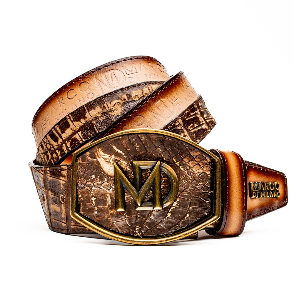 Marco Di Milano Texas Caiman Crocodile & Calfskin Belt Stone Brown