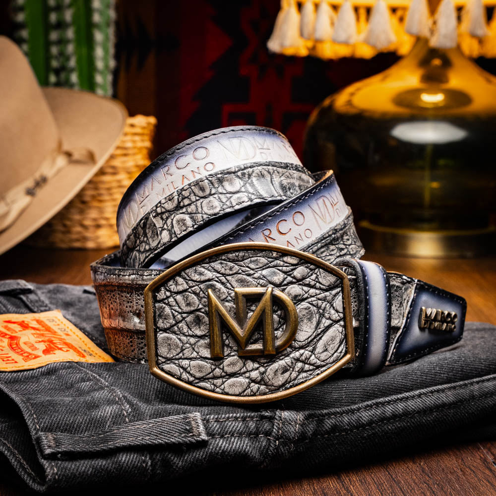 Marco Di Milano Texas Caiman Crocodile & Calfskin Belt Stone Gray