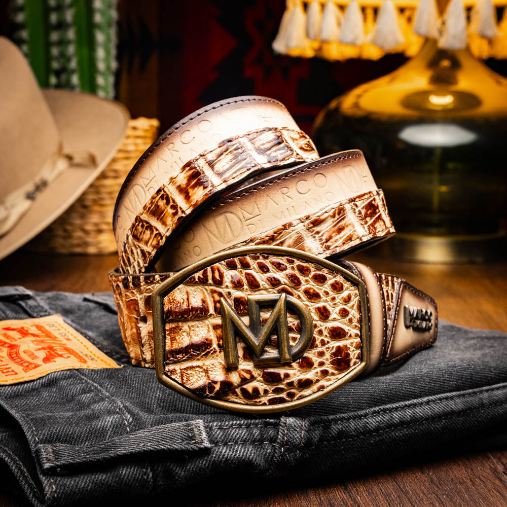 Marco Di Milano Texas Caiman Crocodile & Calfskin Belt Stone Orix