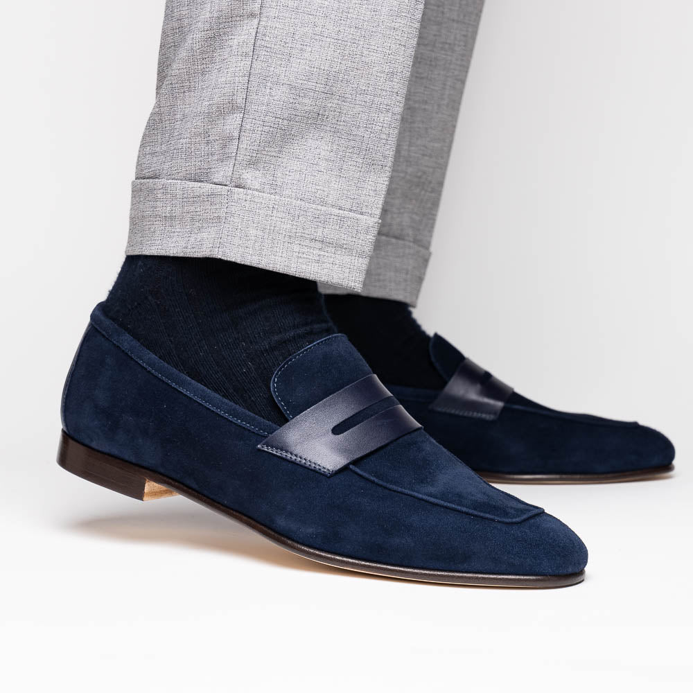 Zelli Tippa Suede / Calfskin Penny Loafers Navy | MensDesignerShoe.com