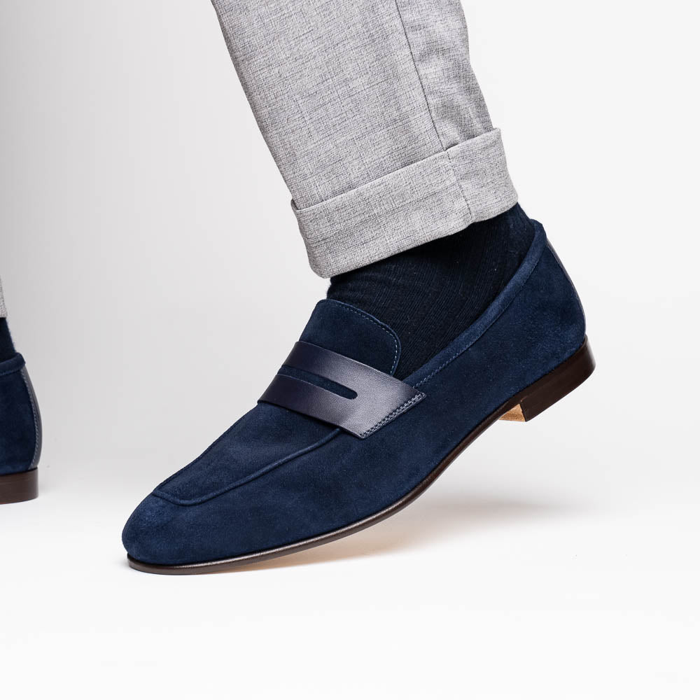 Zelli Tippa Suede / Calfskin Penny Loafers Navy | MensDesignerShoe.com