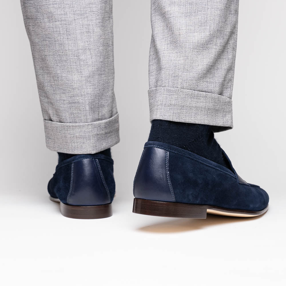 Zelli Tippa Suede / Calfskin Penny Loafers Navy | MensDesignerShoe.com