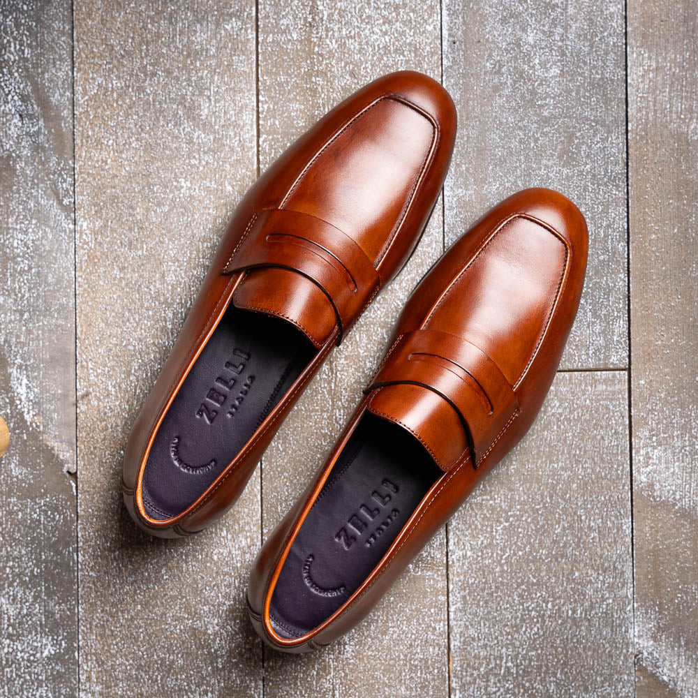 Zelli Tippa Italian Calfskin Penny Loafers Cognac (15-750-CGN)