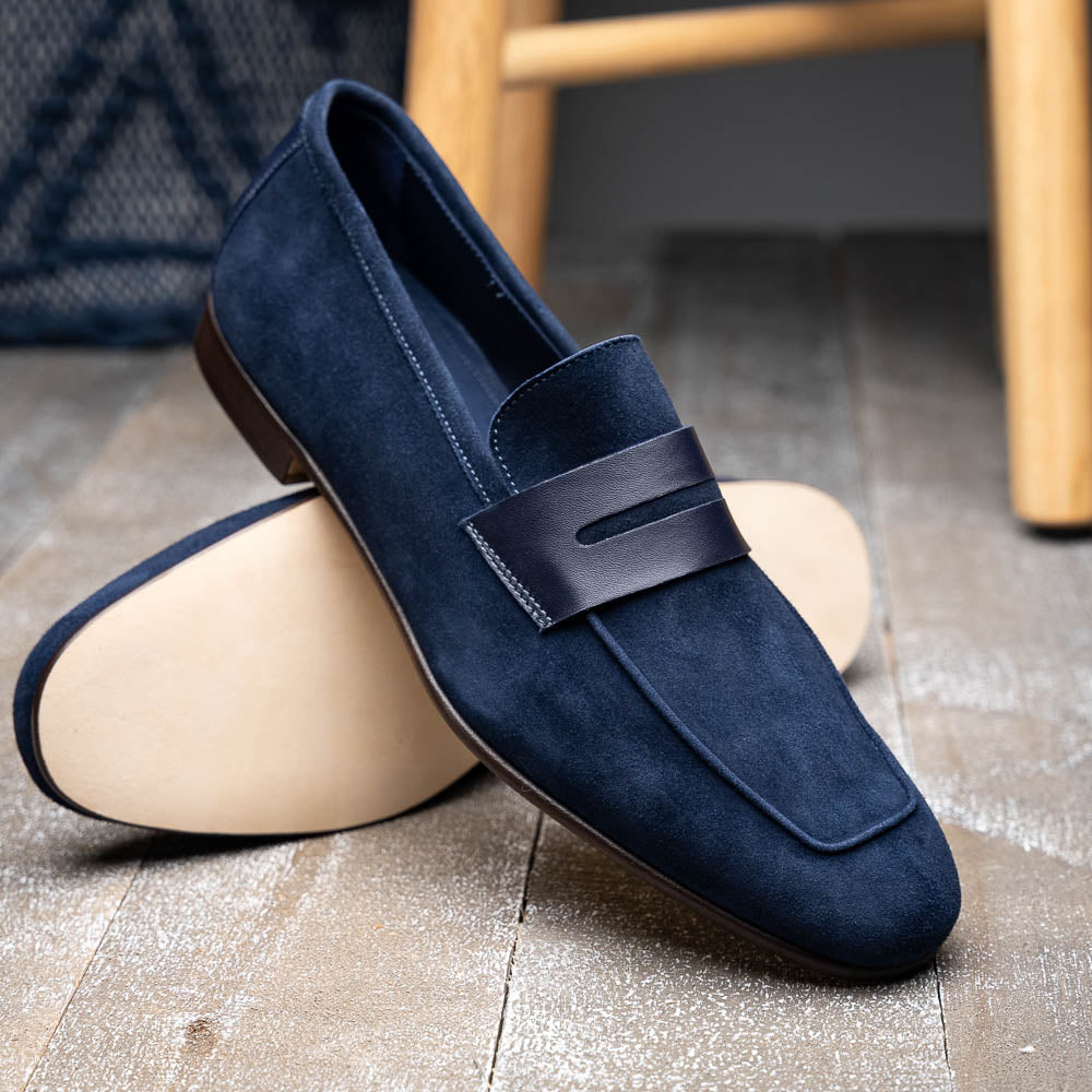 Zelli Tippa Suede / Calfskin Penny Loafers Navy | MensDesignerShoe.com
