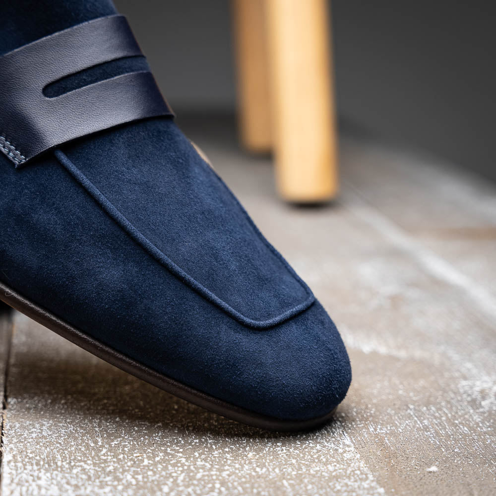 Zelli Tippa Suede / Calfskin Penny Loafers Navy | MensDesignerShoe.com